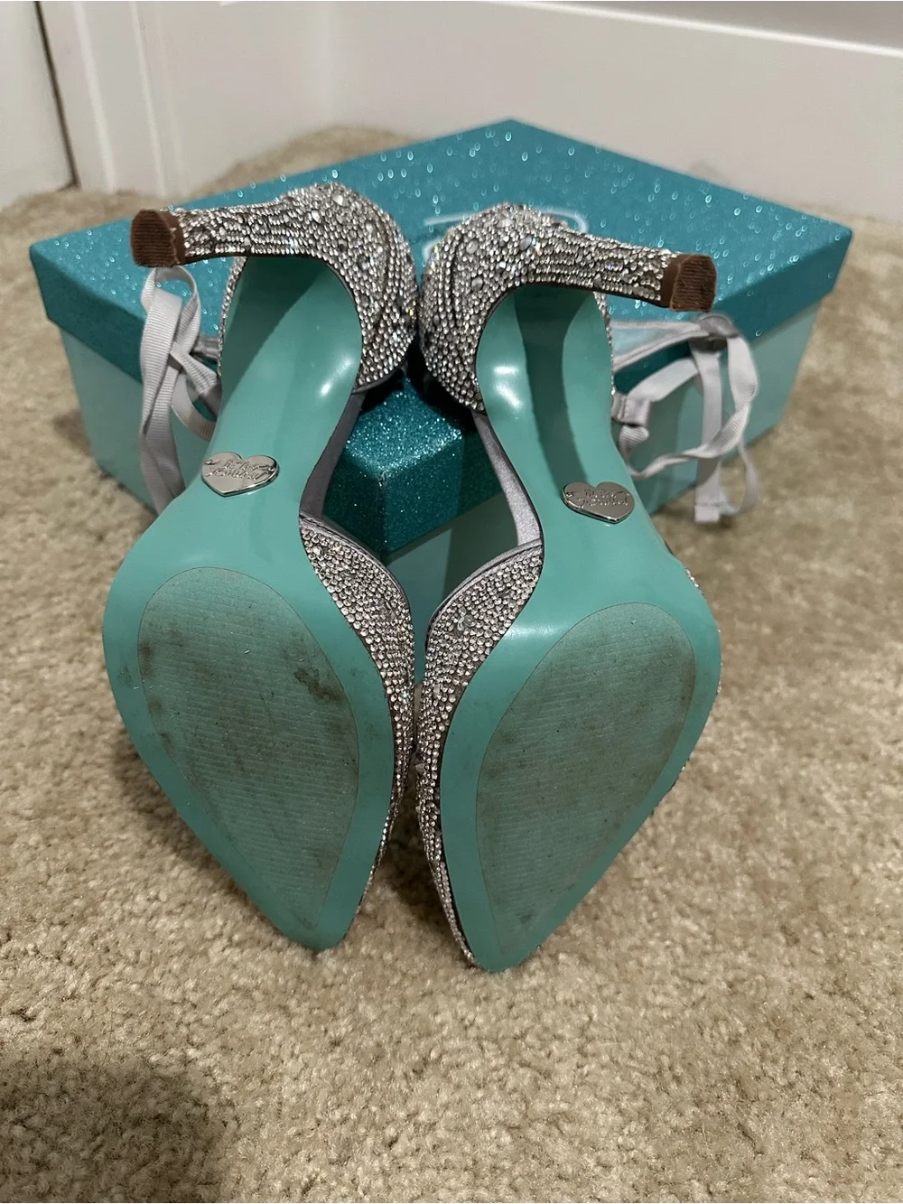 Betsey Johnson Silver Crystal-Embellished Pointed-Toe Lace-Up Heels